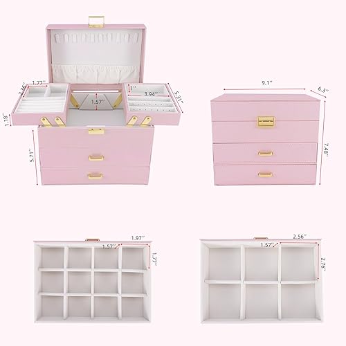 Miniatura 3 de Dajasan Cajas de joyería para mujeres y niñas, organizador de almacenamiento de joyas, 4 capas, caja organizadora de joyas grande con 2 cajones para