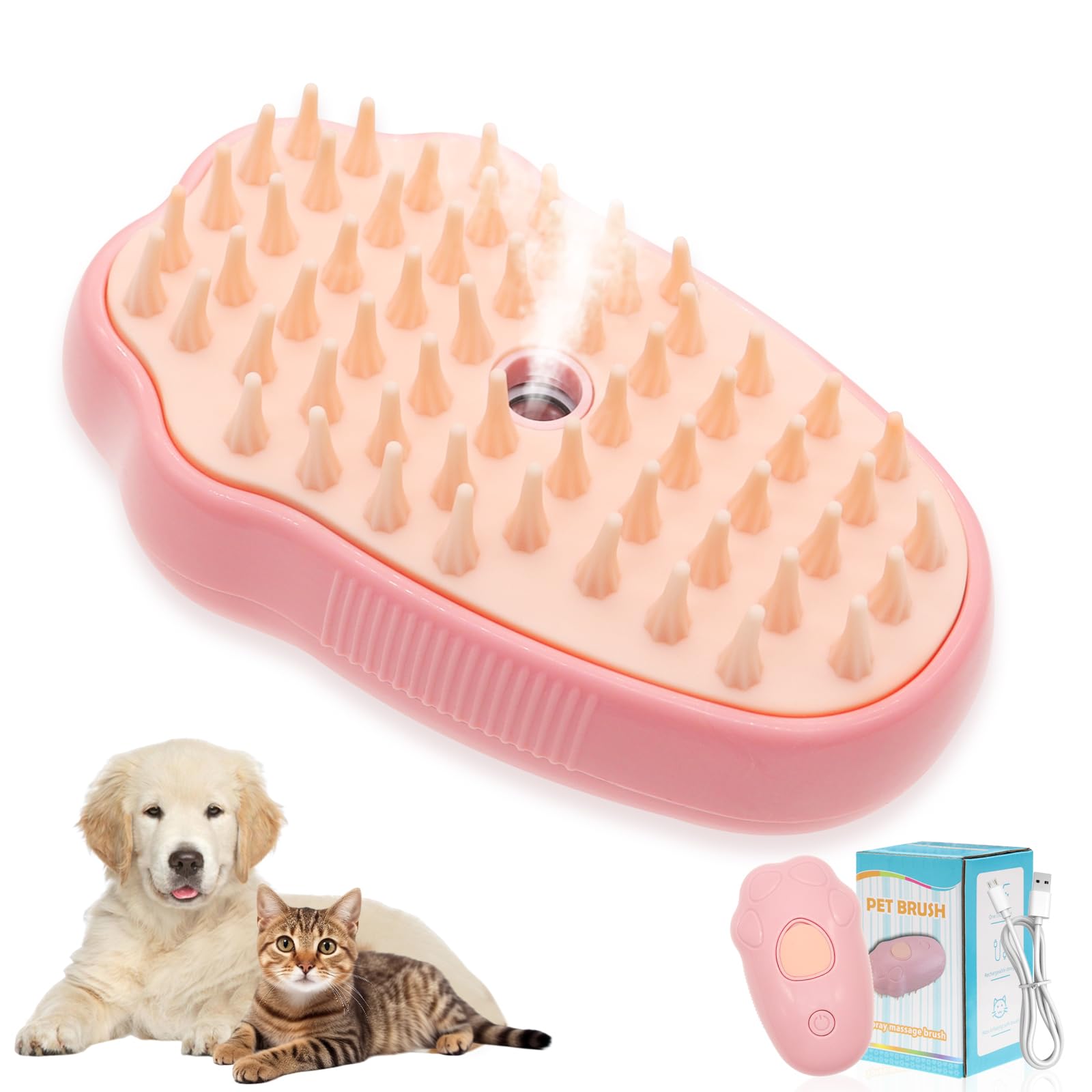 Pink Silicone Steam Brush for Cats & Dogs - 3-in-1 Rechargeable Cat Grooming Brush for Shedding