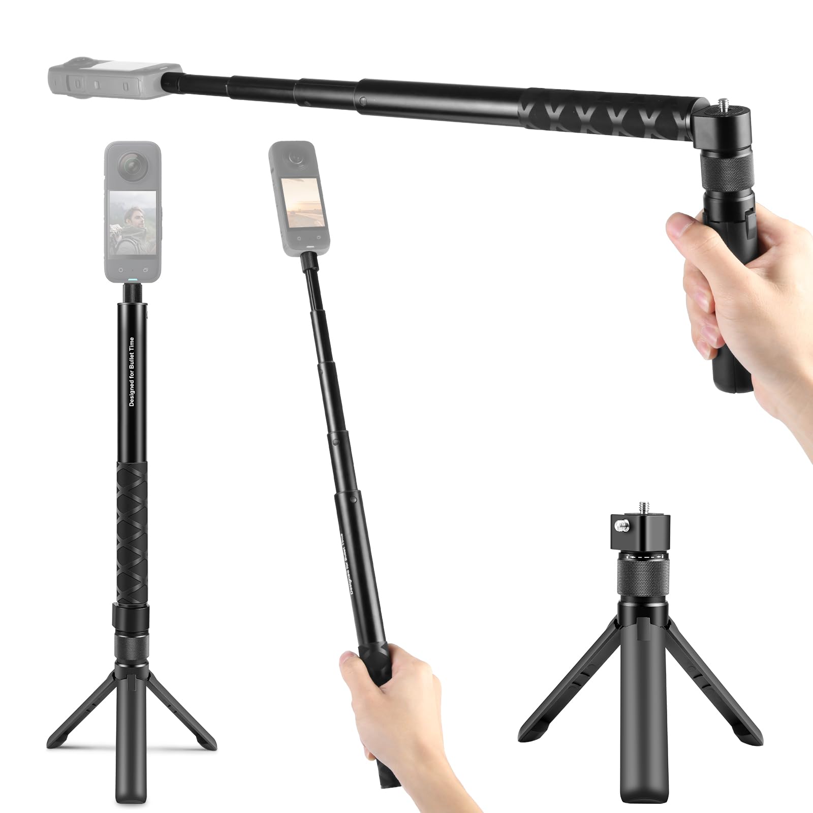 PULUZ Insta 360 Bullet Time Selfie-Stick-Set für Insta360 X3 X4 X5 ONE X2, 114 cm unsichtbares Selfie-Stick-Einbeinstativ & Mini-Stativ für Kamera mit Dual-1/4-Schrauben für GoPro Hero 12 11 10 8 7 6