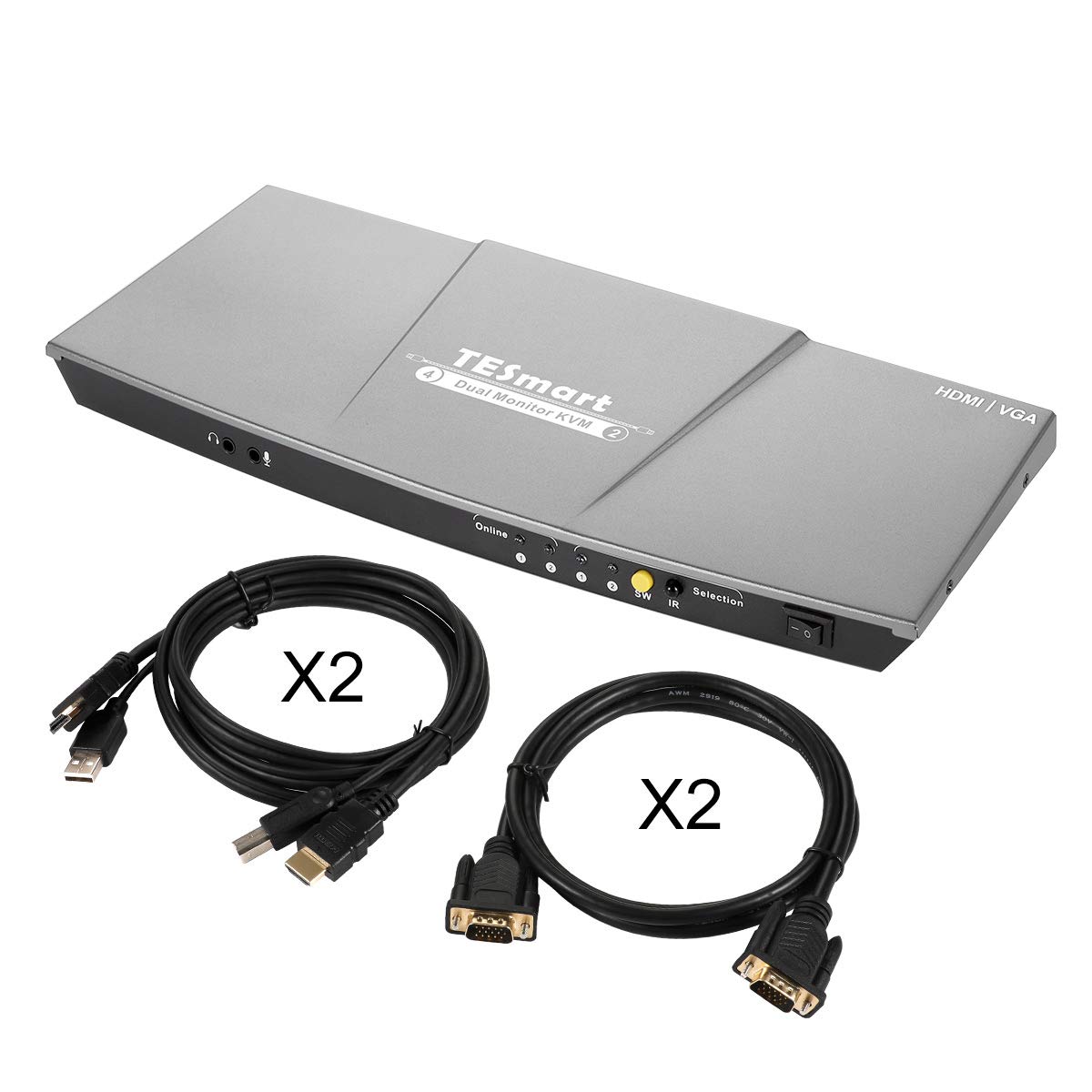 TESmart Dual Monitor KVM for HDMI + VGA 2x2 HDMI KVM Switch with 2 Pcs 5ft HDMI KVM Cables (Grey