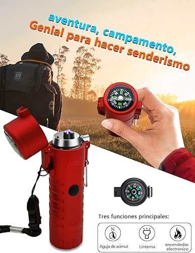 Miniatura 3 de SKRFIRE Brújula al aire libre a prueba de viento doble arco encendedor eléctrico cordón recargable para camping, senderismo, viajes (rojo)