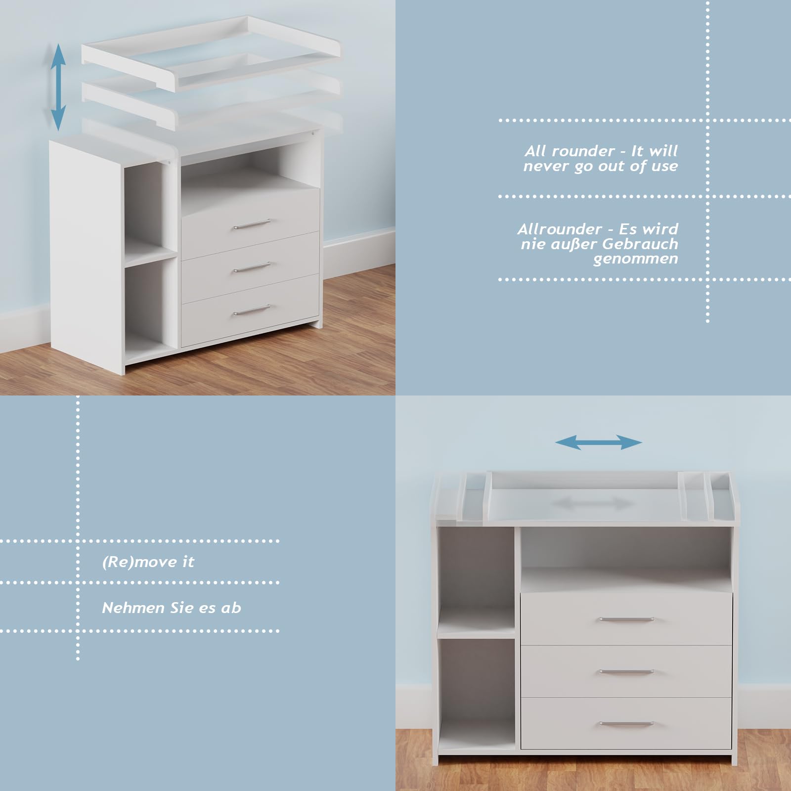 Infantastic Wickelkommode 3 Schubladen 3 Fächer 113x53x101.6 cm MDF Weiß Grau Sonoma Baby Kommode Wickeltisch