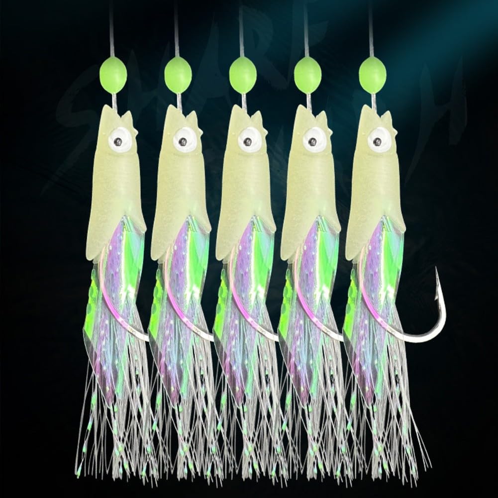 JoyousMall 5 Pack for deep sea Fishing Lure Rig with Luminous Hooks, High Carbon Steel Fish Head Bait with Snap Links for Bass and Cod Angling, Green