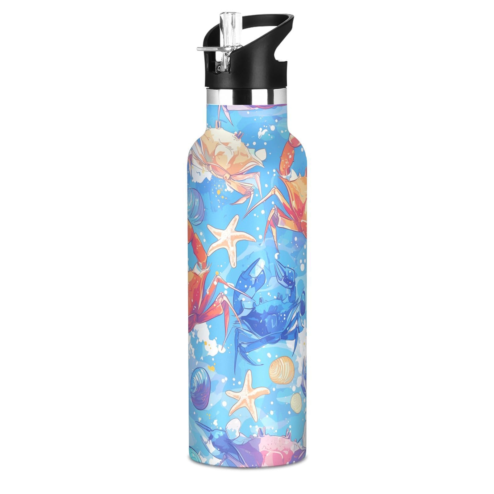 Kaaviyo Boys Pattern Colorful Crabs Starfish Shells Water Bottle Stainless Steel Jug Insulated Vacuum Cup For Girls(600Ml)