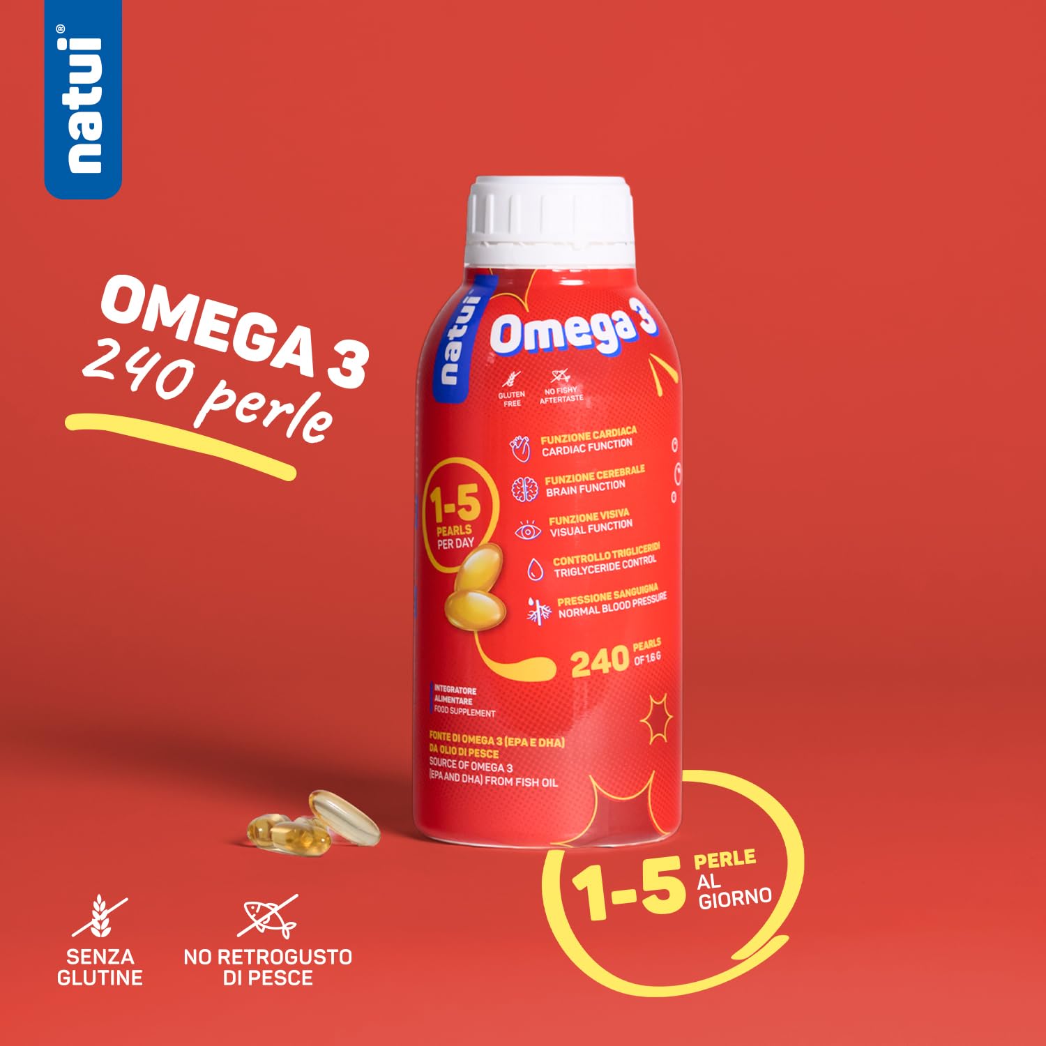 Natui Omega 3 – Integratore di Omega 3 IFOS - 432 mg EPA e 288 mg DHA – Acidi Grassi da Olio di Pesce Concentrato per Controllo Colesterolo, Trigliceridi e Pressione - No Ritorno di Gusto - 240 Perle
