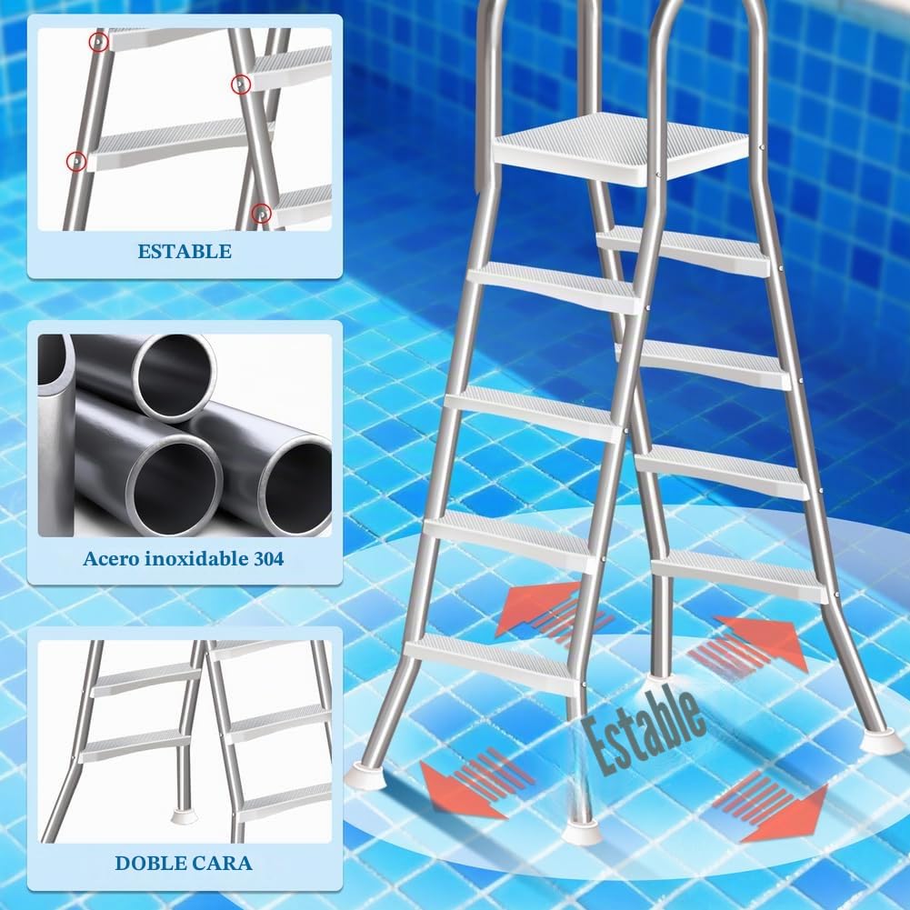 Escalera de piscina de 4 niveles de acero inoxidable, para piscina elevada, 132 cm de altura de piscina, escalones para piscinas elevadas, 250 kg de capacidad de carga