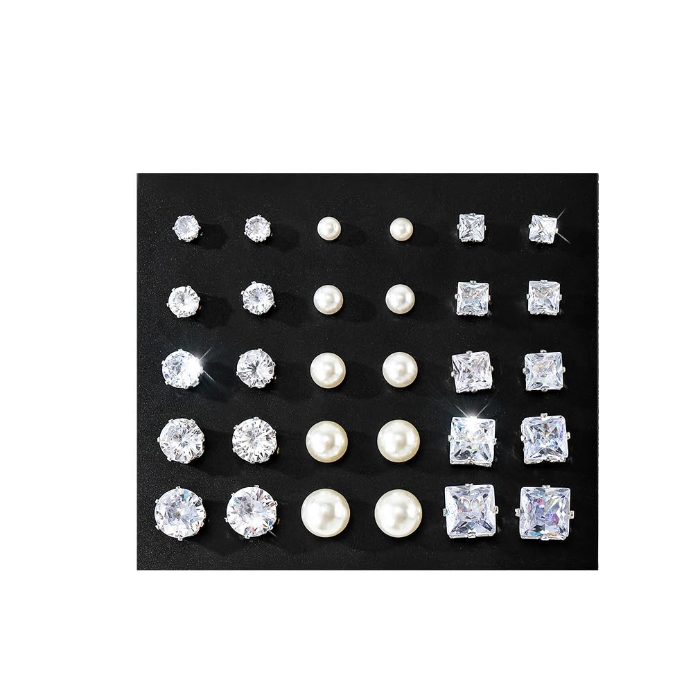 Juego de aretes tipo dormilona de plata para mujer, forma de lágrima triangular, cuadrados, redondos, con forma de lágrima, circonitas cúbicas transparentes, paquete de aretes de joyería de