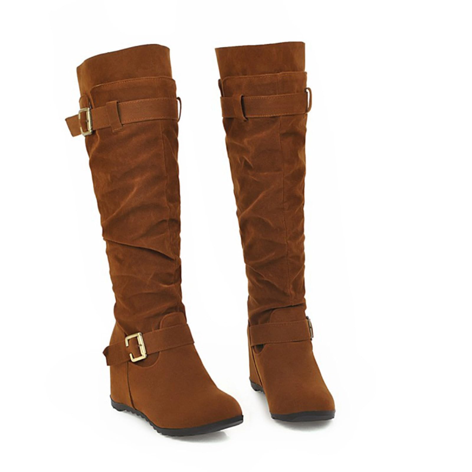 Botas de Invierno Mujer Decoración de Hebilla cinturón Gamuza sólida Moda para Mujer con Botas largas tacón cuña Elevado
