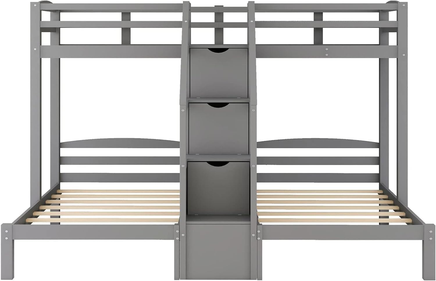 Przód view of the bunk bed showing the central staircase with three visible storage shelves and a bottom drawer.