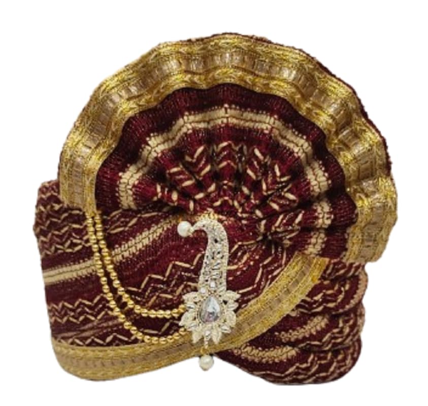 priyakant safawala Wedding Collection Sherwani Safa (Pheta/Pagdi/Turban) For Wedding And Traditional Function Use It (Maroon, Free - Size Velcro Adjustable System)-picture-37