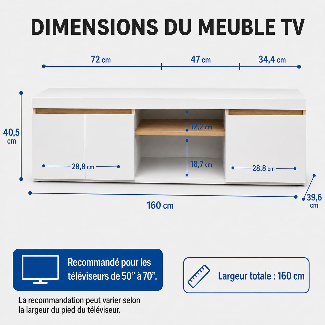 Meuble TV Blanc et Bois 160x40,5x39,6 cm – Meuble Bas Design Moderne avec 3 Portes et Niche, pour Salon ou Chambre.