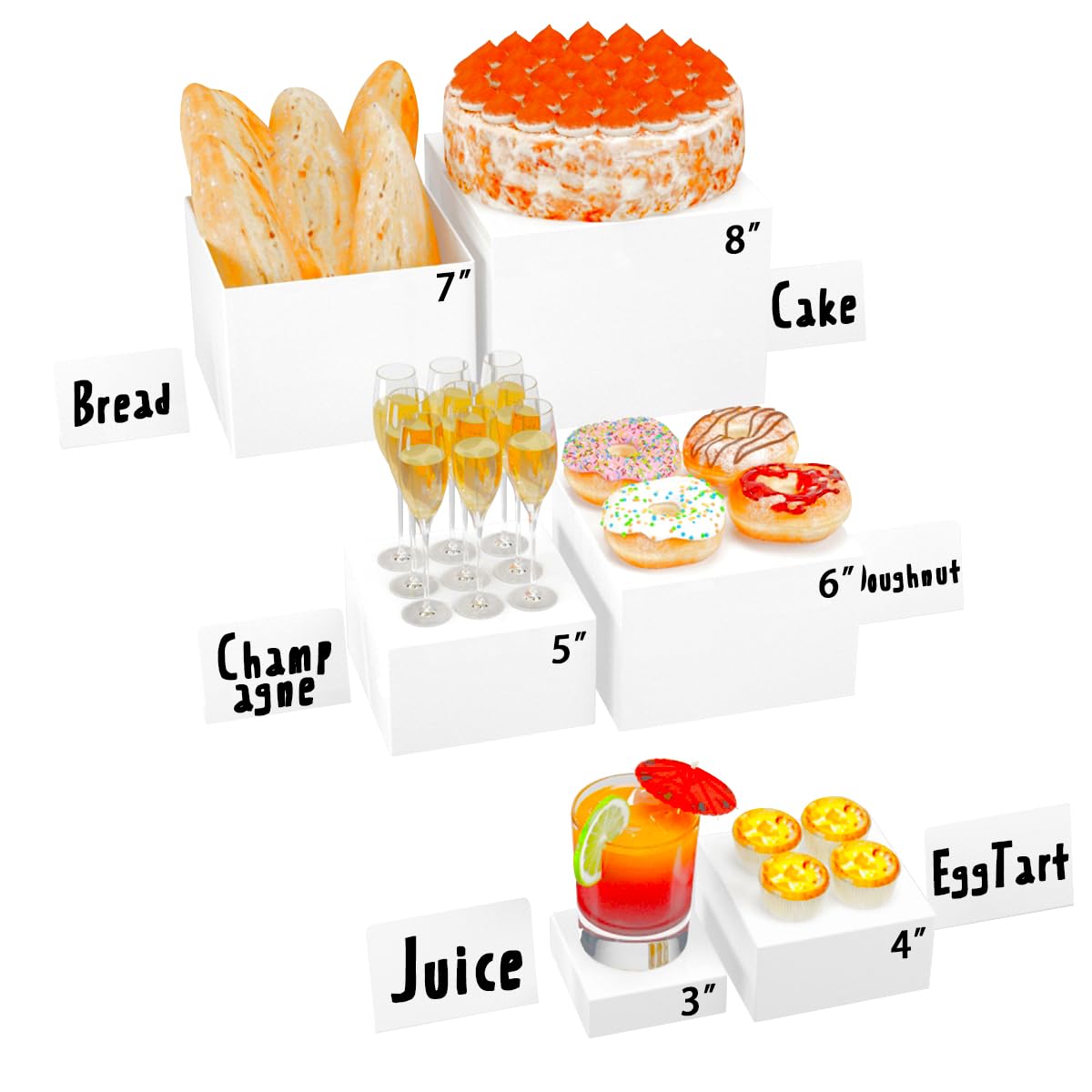 Lot de 6 rehausseurs de buffet, 3 x 4 x 5 x 6 x 7 x 8 pouces, blanc, acrylique, avec 6 mini panneaux de buffet, présentoir de table à dessert avec fonds creux, supports empilables