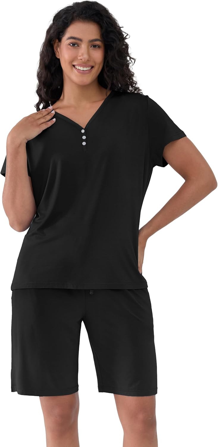 Joyaria Cooling Pajamas Bamboo Viscose PJs Bermuda Shorts Set Women Henley Neck Summer Moisture Wicking Sleepwear - Image 2