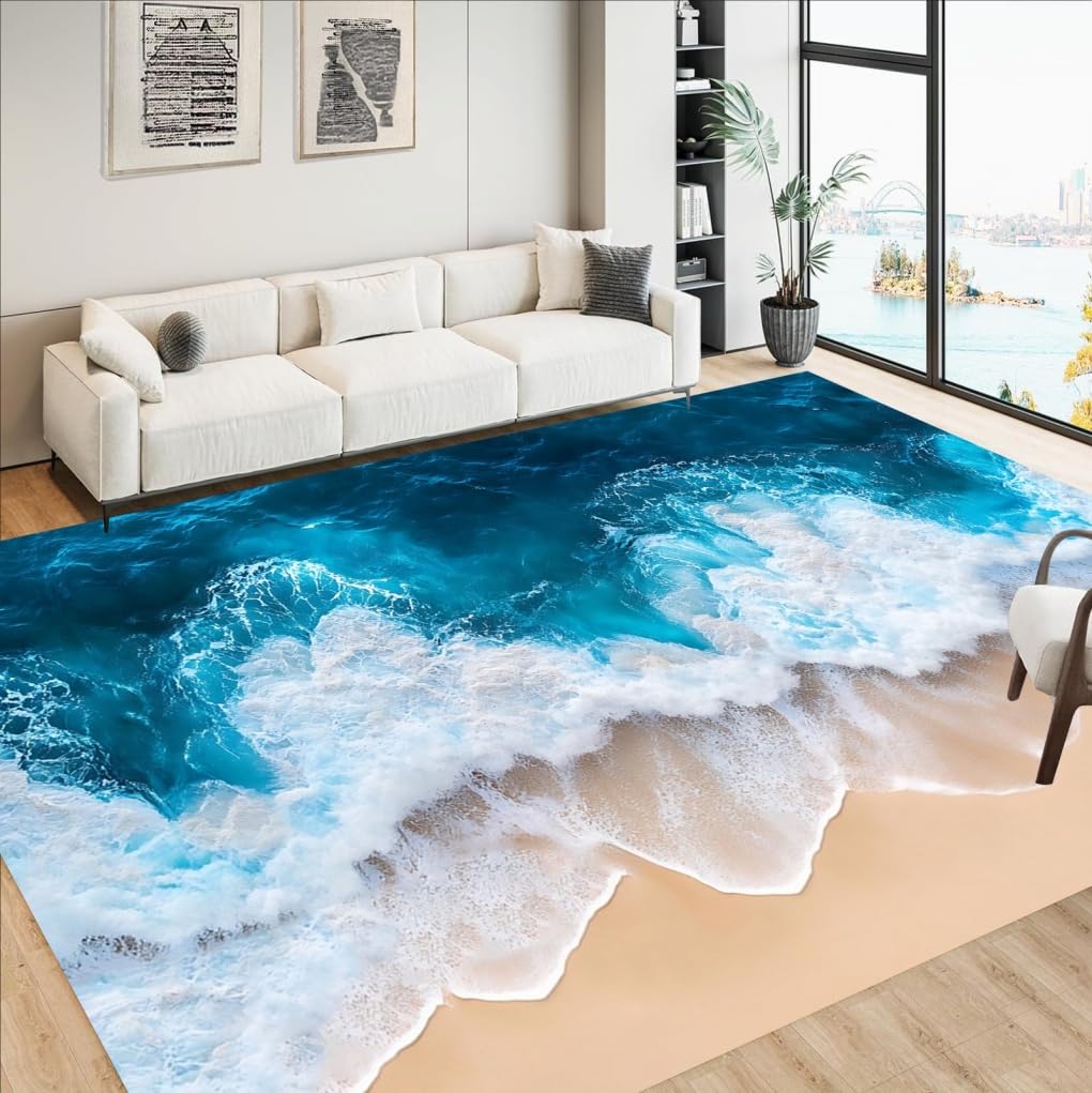 Amazon.com: Navy Blue White Waves Ocean Area Rug Unique Art Large