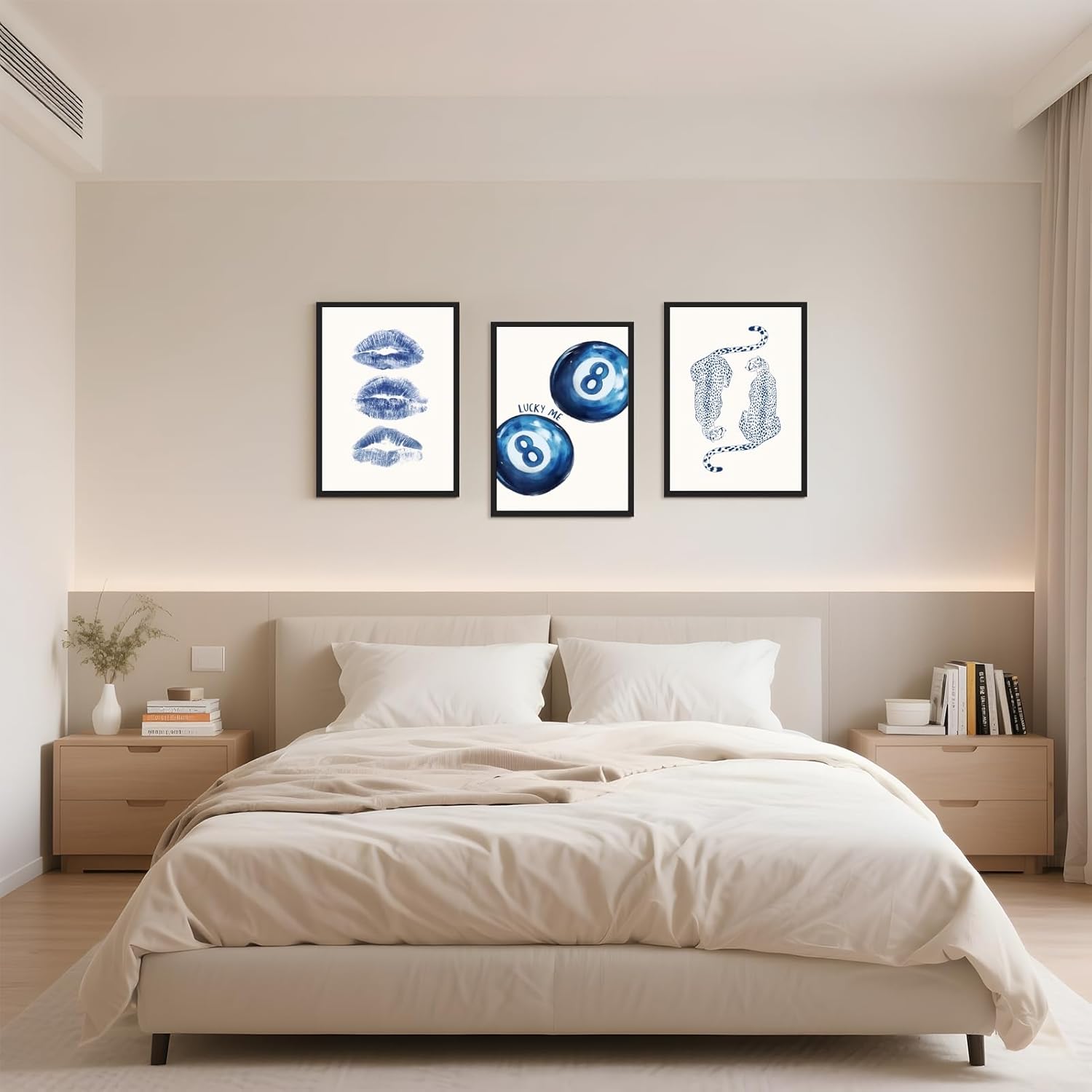 Framed Navy Cheetah Canvas Wall Art Set Retro 8 Ball Poster Blue Leopard Kiss Lips Print Trendy Preppy Aesthetic Dorm Room Decor Funky Blue Painting Picture for Apartment Bedroom 8x12inch