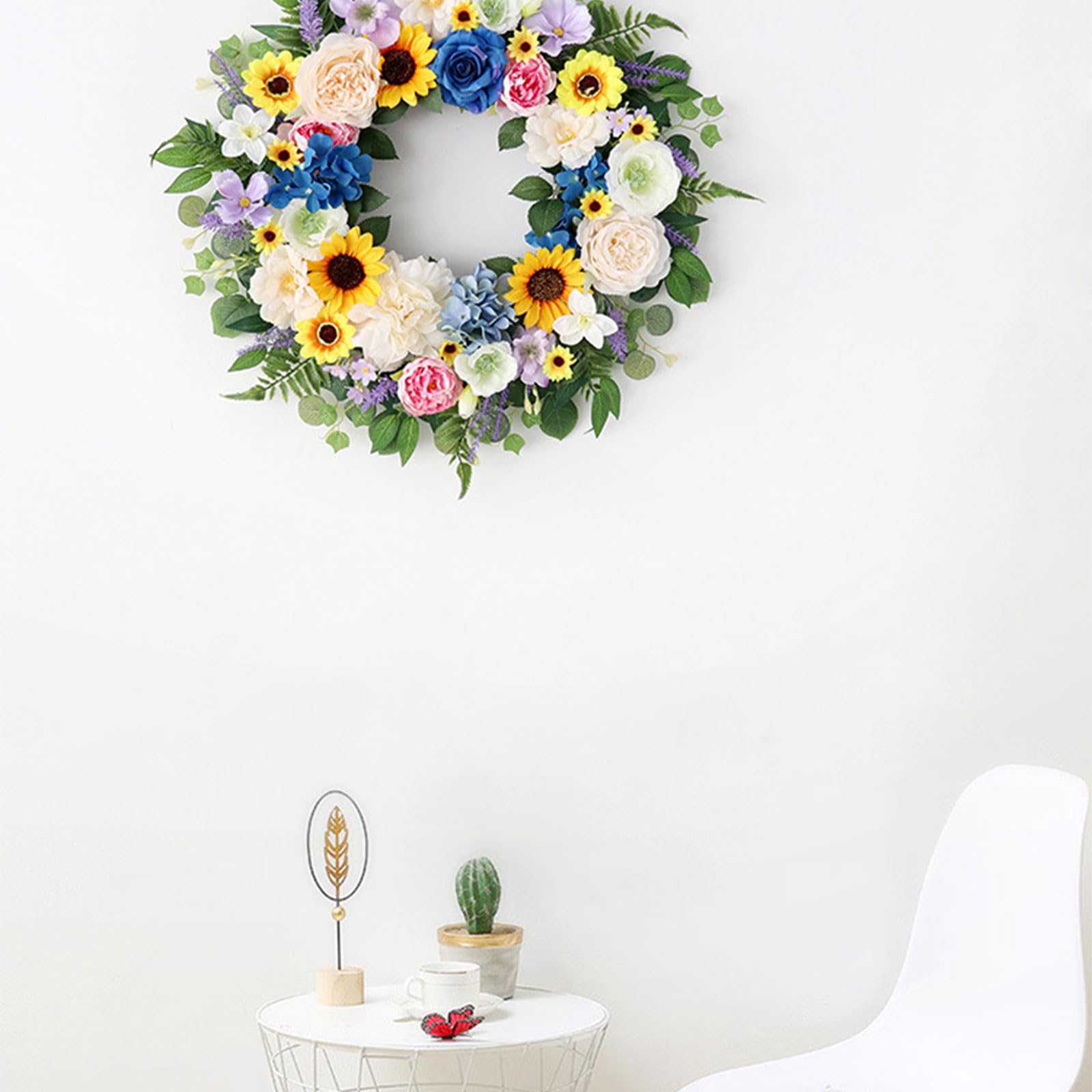 Corona de flores artificiales de 55 x 55 cm, resistente a la intemperie, corona de primavera para boda, día de la madre, decoración interior y exterior, fiesta para colgar en la pared