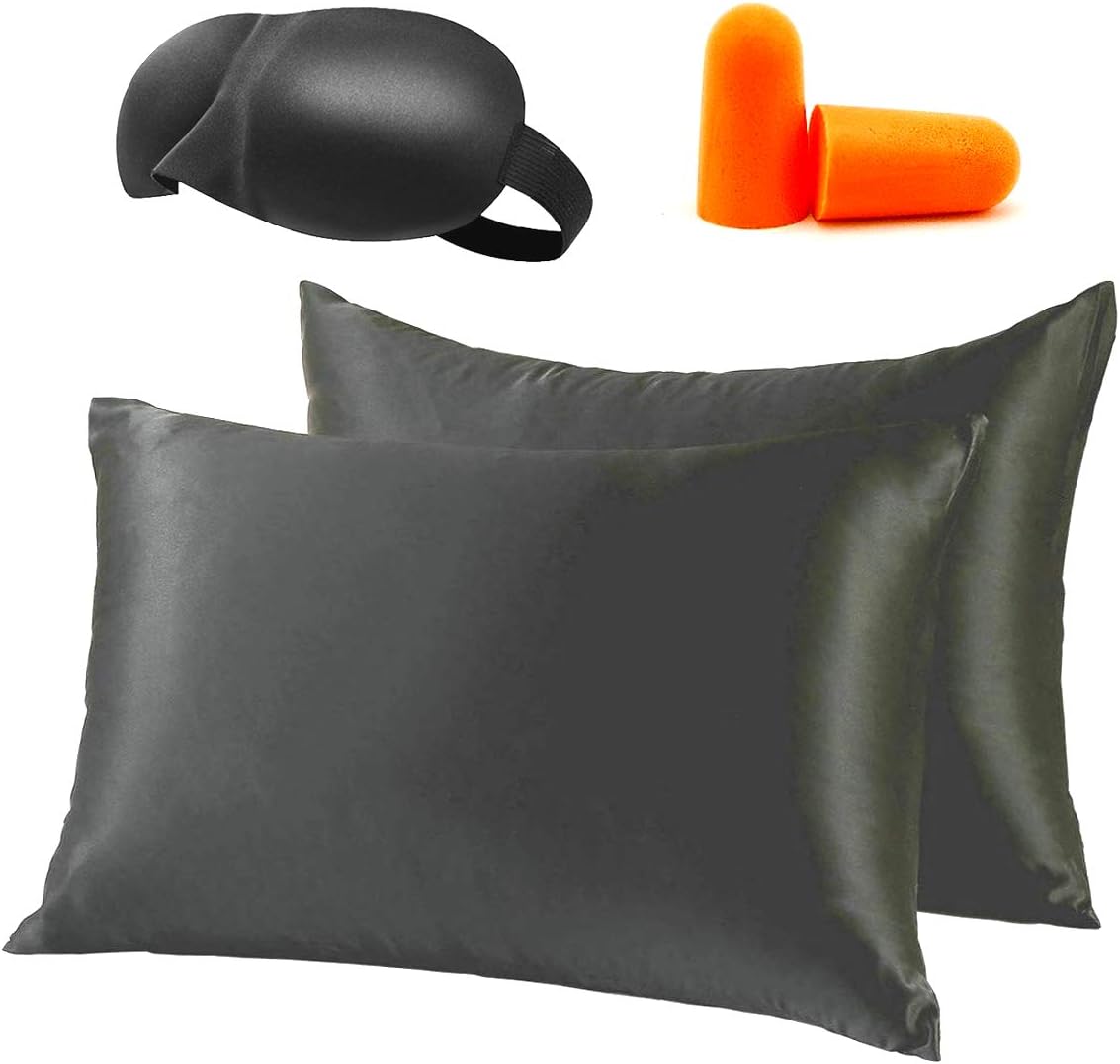 TANGGIFT Silk Satin Pillowcase Standard USA for Hair and Skin Hypoallergenic King Size Silk Pillowcase, Silky Silk Feel Satin Pillow Case and Eye Mask Set (King 2-Pack, Black)