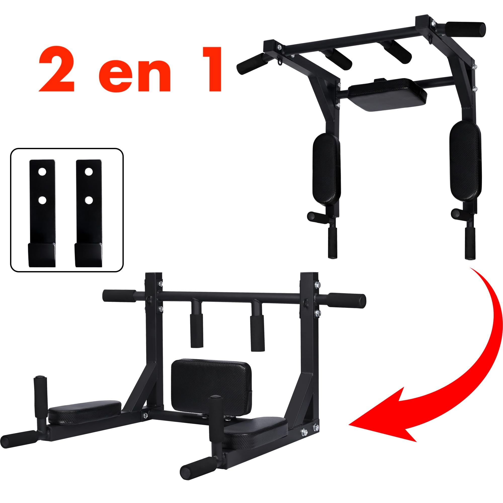 Barra dominadas pared entrenamiento en casa. Doble. Con Gancho para saco boxeo para gomas de entrenamiento. Múltiples agarres. Pull up, dorsales, espalda. Crossfit. Hasta 150kg. Tornillos incluidos..