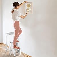 Vista 9 de Costzon Taburete plegable de 3 escalones, escalera de madera 3 en 1 con asa, pedal antideslizante, estante de almacenamiento multifuncional, estante