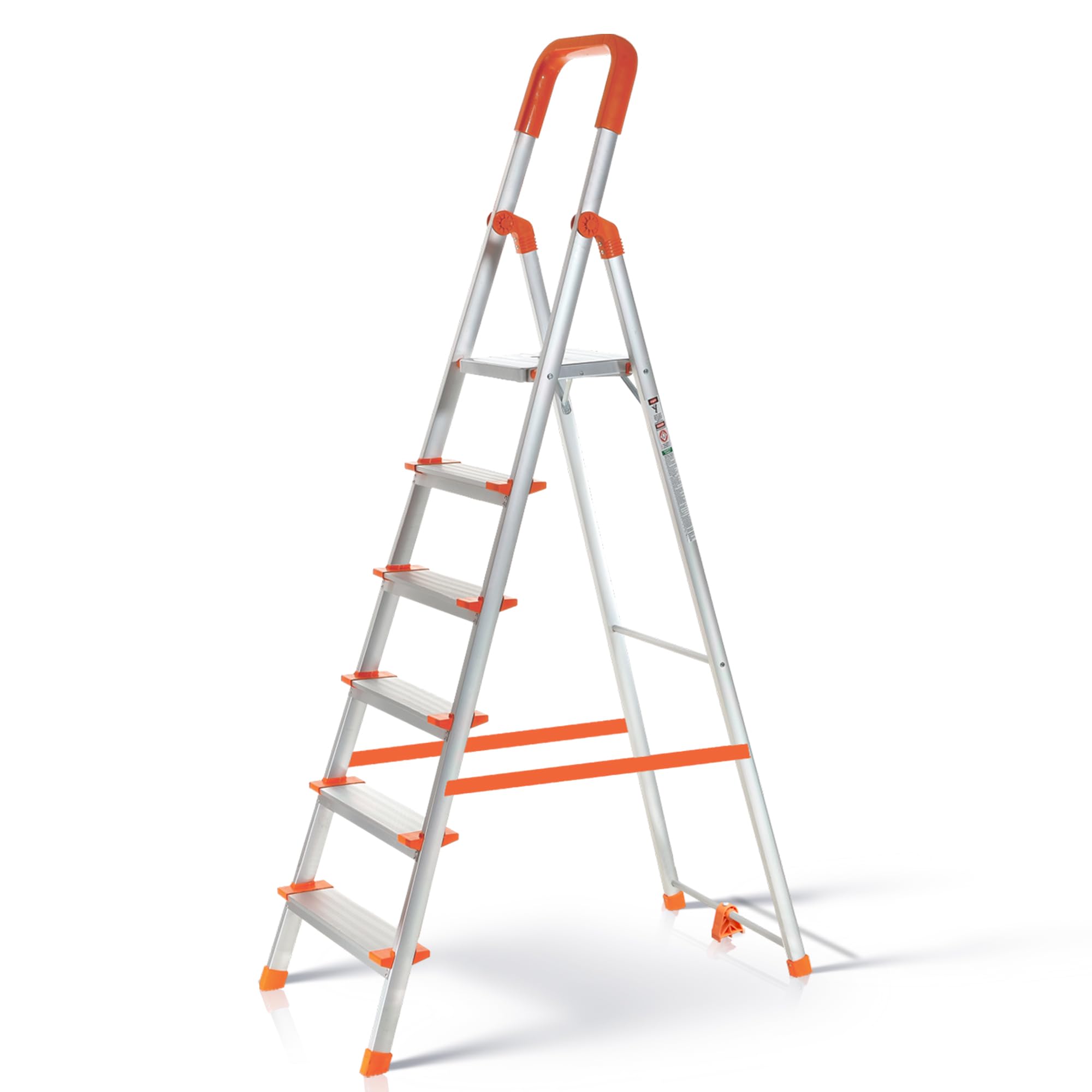 HOUZA Aluminium Ladder for Home 6 Steps Foldable with Anti-Skid Wide Steps | 6 Step Ladder for Home Use, Kitchen & Household | 250 Kg Load Capacity Folding Ladder | 5 Year Warranty (Orange)