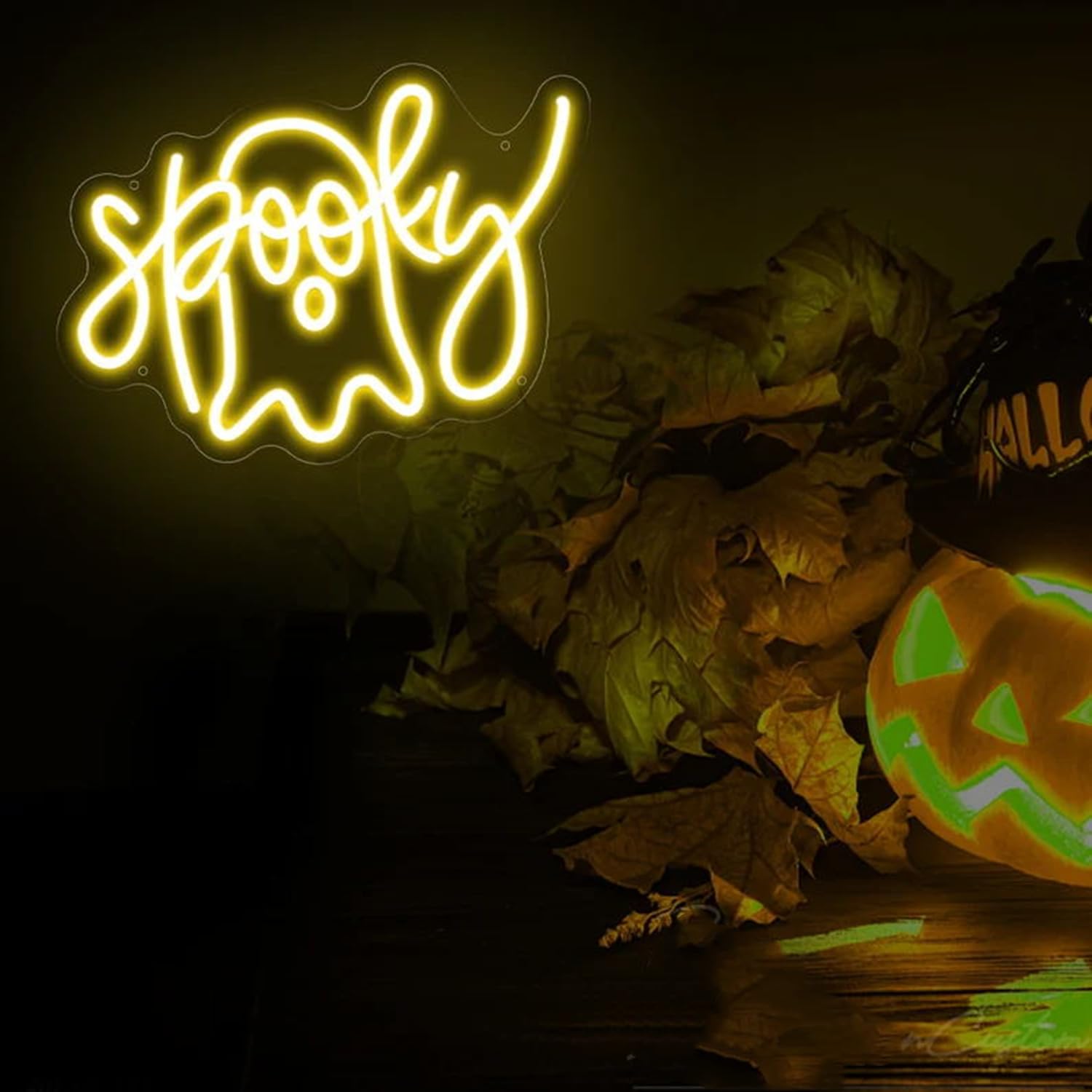 Ghost Neon Sign LED Halloween Spooky Neon Light with Dimmable Switch and Hanging Chain,Halloween Desktop Fireplace Wall Decor Art Lights Gifts for Kids Friends Bedroom(Warm White)