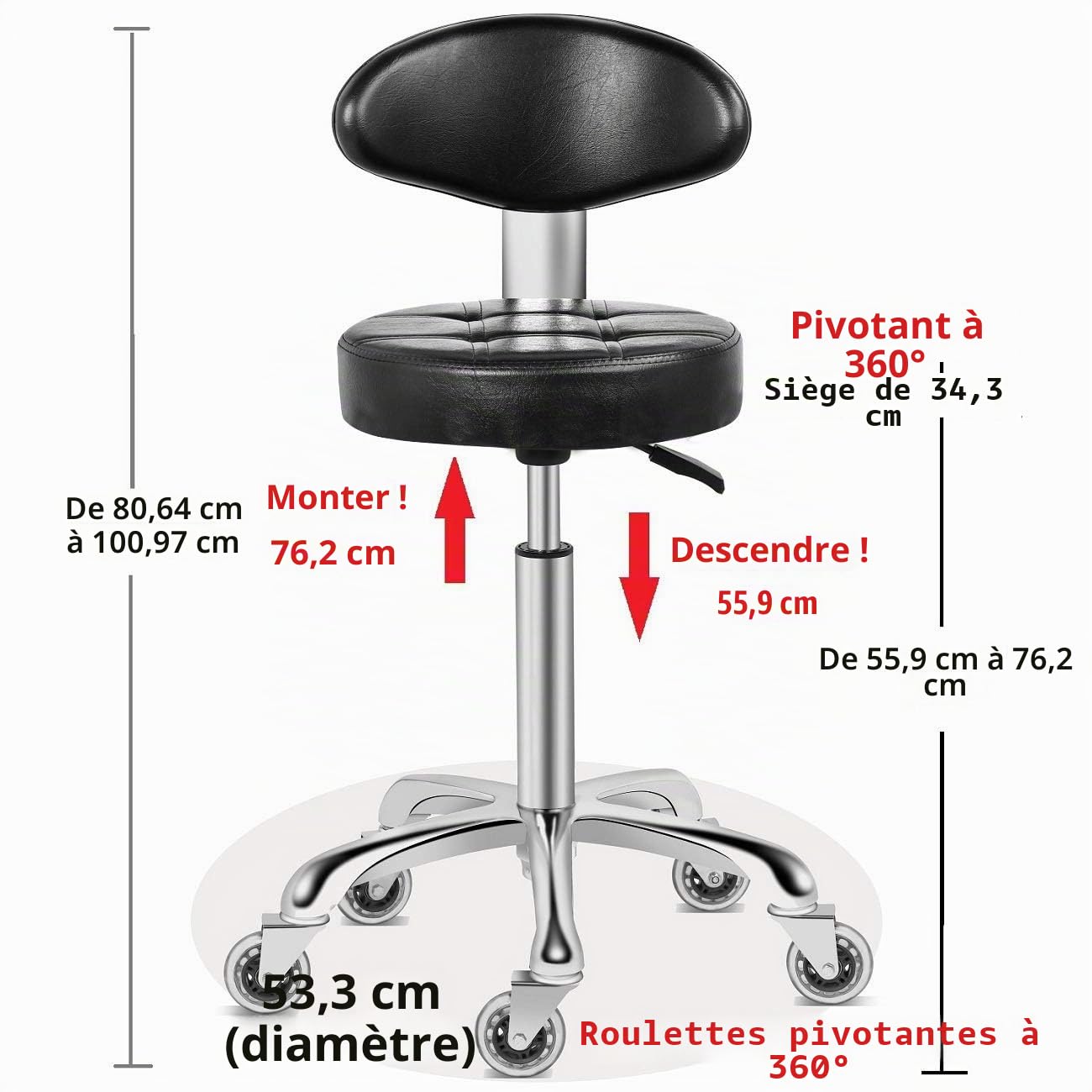 Kaleurrier Tabouret à roulettes avec roulettes Douces, Dossier rembourré Confortable, siège pivotant hydraulique Robuste, réglable en Hauteur