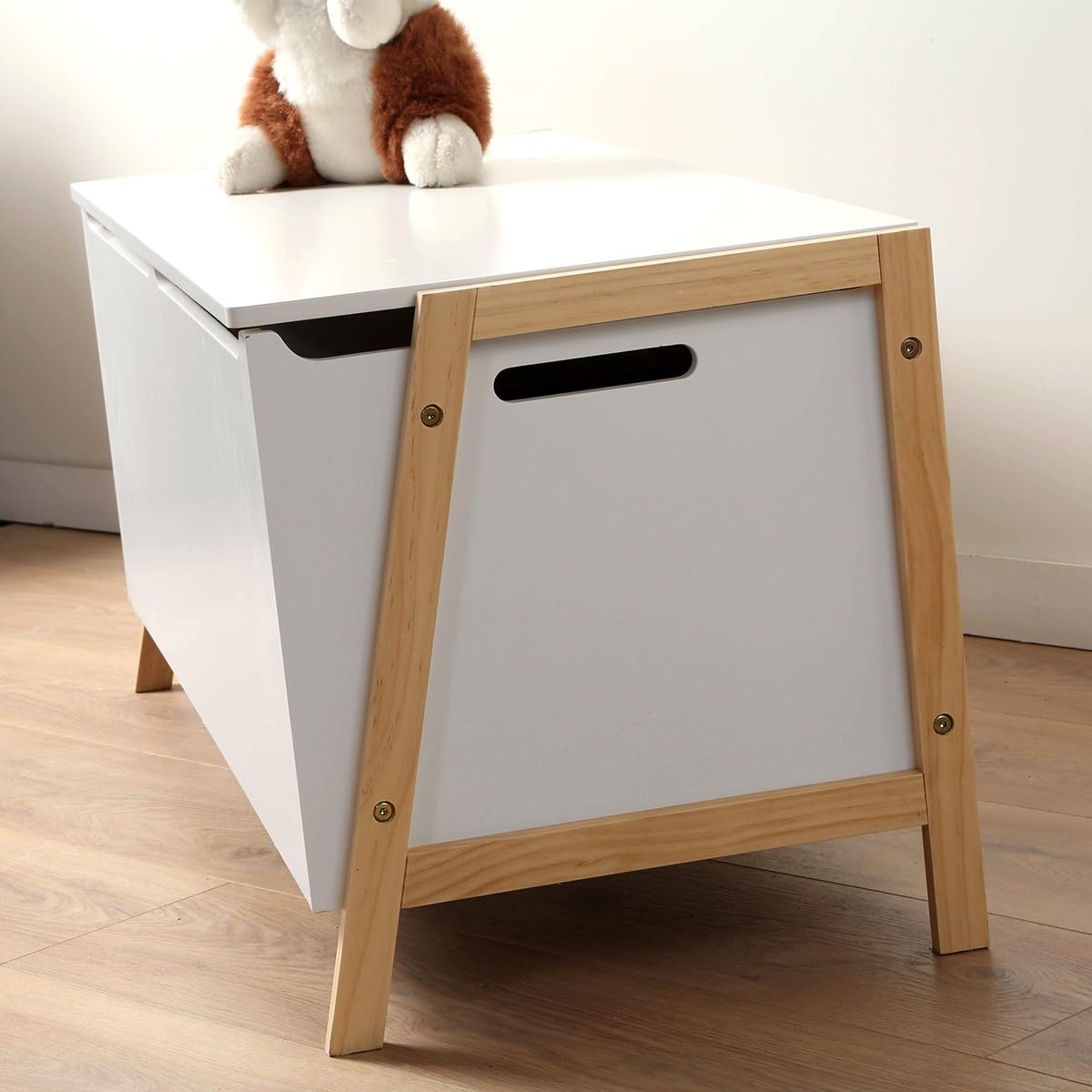 Calicosy – Coffre de Rangement Enfant avec 2 Compartiments et Couvercle Amorti – L99 cm – Pieds en Bois Massif – Coffre à Jouets Pratique et Sécurisé