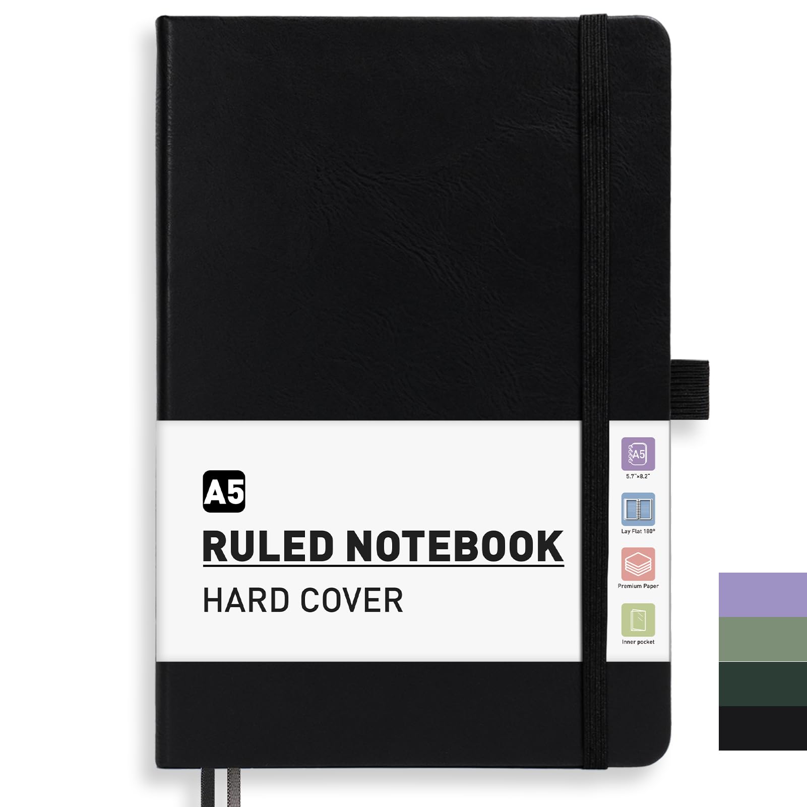 PYNEX A5 Ruled Notebook, Leather Journal for Women, Hardcover, 192 Pages, for Writing, Work, Study 14.5 x 21cm - Black