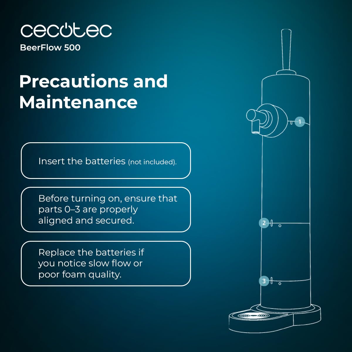 Cecotec Distributeur de Bière Portable pour Canettes et Bouteilles BeerFlow 500. Fonctionne avec des piles AA 1,5V, Contrôle de la Mousse, 2 Modes, Facile à Nettoyer et à Ranger, Design Compact
