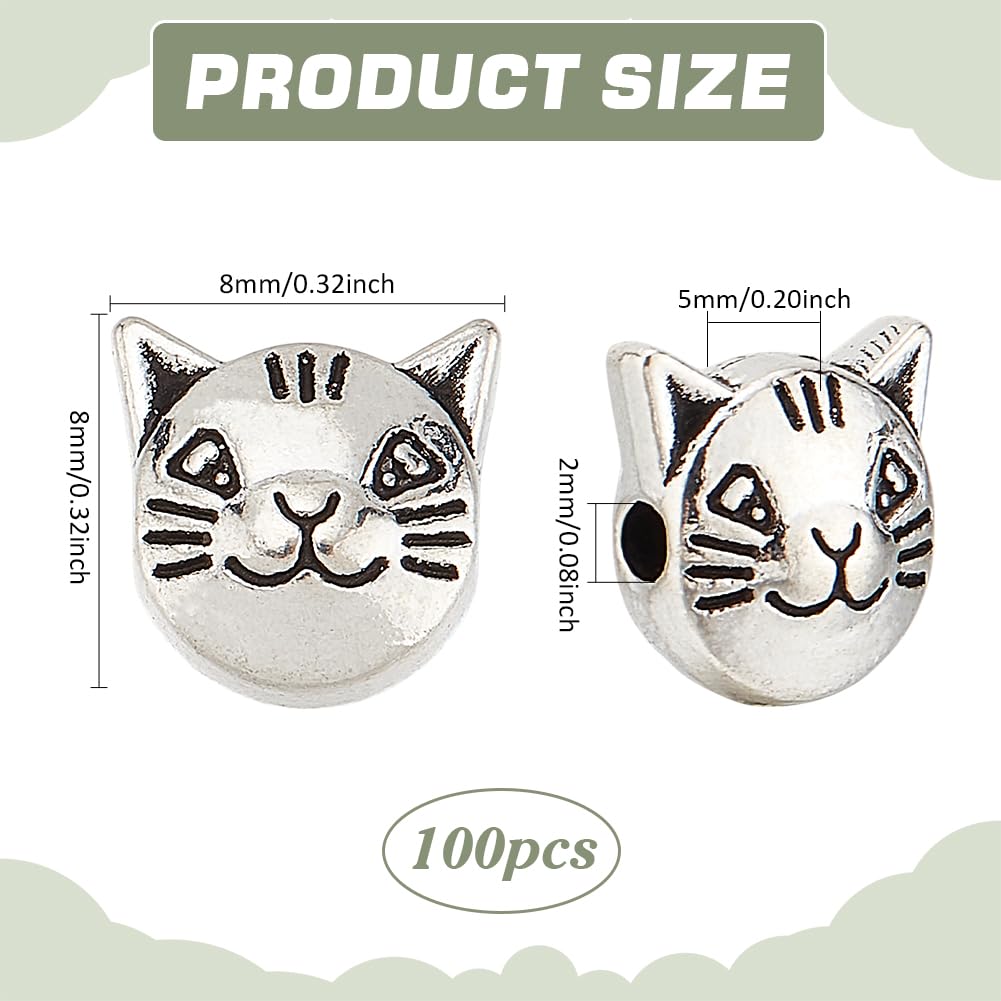 100 cuentas espaciadoras de gato de 0.315 x 0.315 in, aleación tibetana, cuentas de cabeza de gatito, cuentas de cabeza de gato de plata antigua para pulseras, collares, aretes 3