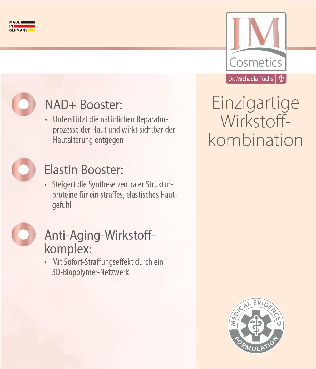 Genius IM Cosmetics NAD+ Elastin intensiv Gesichtspflege 3‑tlg. – Anti‑Aging Serum, Creme & Körperlotion – Anti Falten, straffend & glättend – für empfindliche Haut Geschenkset Dr. Michaela Fuchs