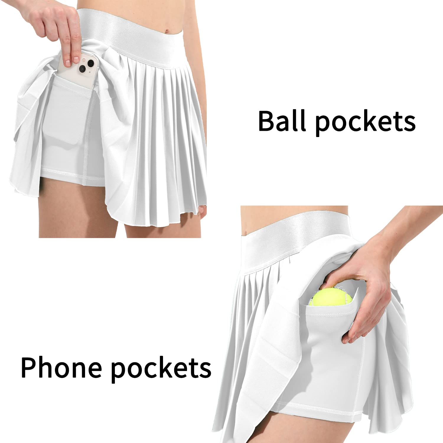 Falda de tenis plisada para mujer, pantalones cortos integrados, faldas deportivas atléticas de cintura alta, con bolsillos, holgada, casual, Blanco, Medium