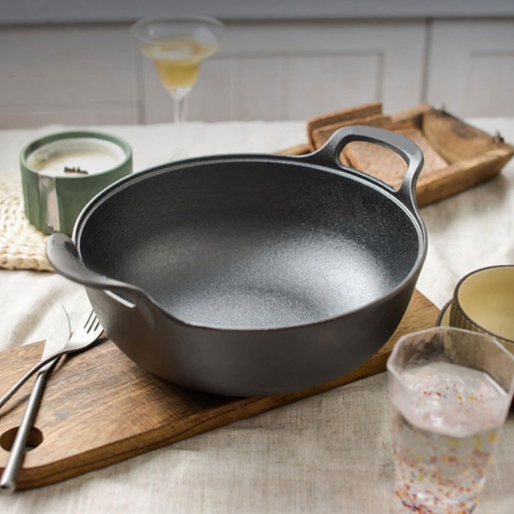 Wok sin revestimiento para hierro fundido con tapa de madera – Base plana para inducción, sartén de 25 cm