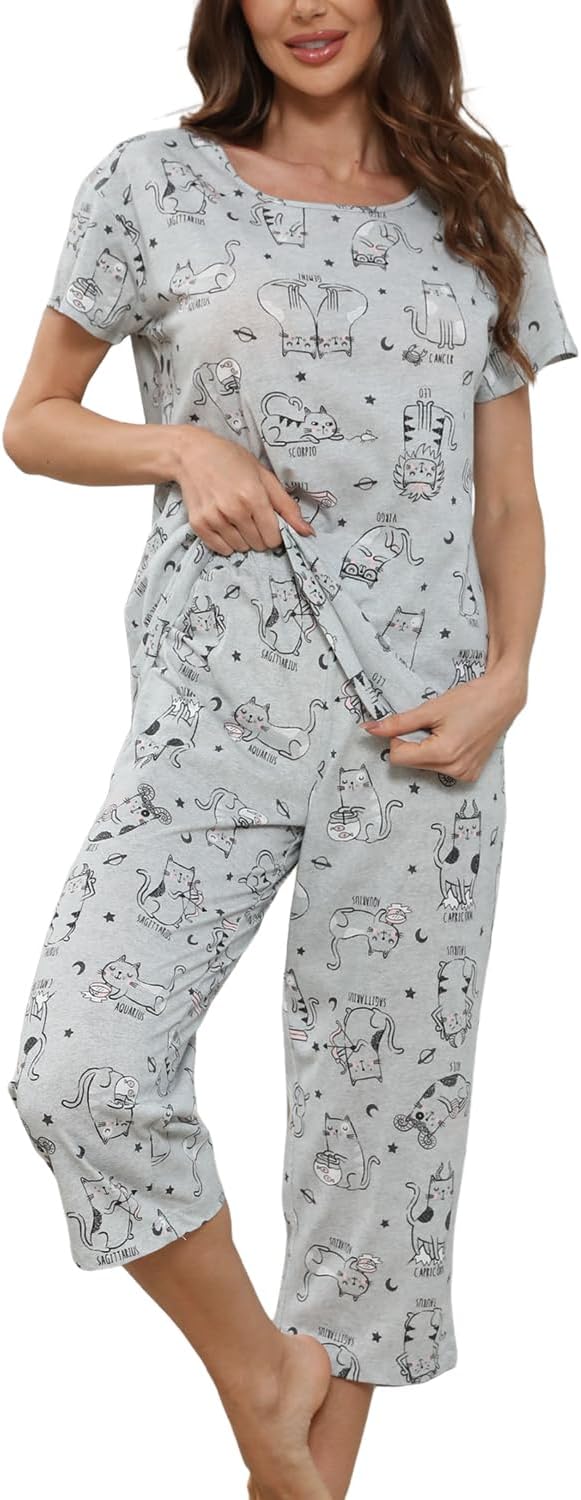 Inadays Womens Cotton Pajama Sets Short Sleeve Top With Capri Pants 2 piece sets for Women Summer Pajamas Lounge Set - Image 2