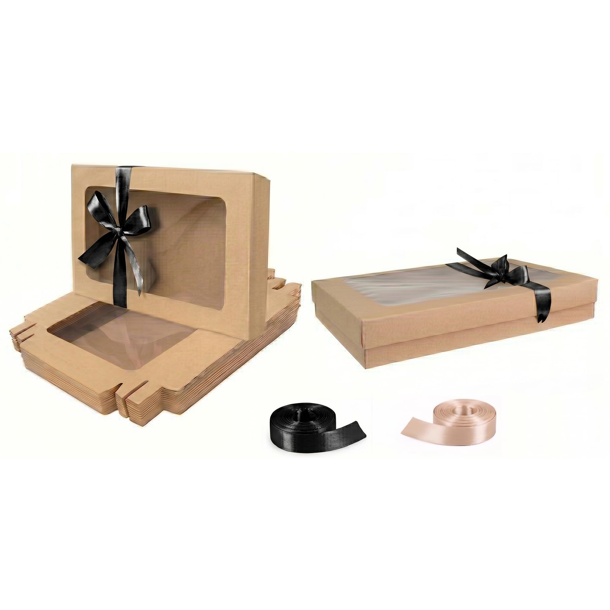 Emartbuy Pack of 12 Brown Gift Boxes with Clear Window Lid & Black Satin Ribbon - Large Wide 29.5 x 22 x 4.5 cm - Recyclable Kraft Presentation Box for Hampers, Treats, Weddings & Favours