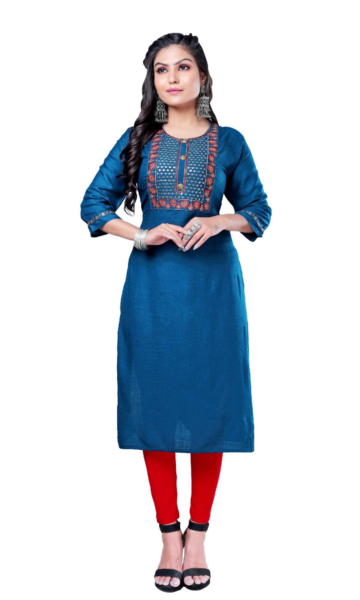 SQUARO ONLINE STOREWomen's Slub Rayon 3/4 Sleeves Stitched A-Line Kurti Kurta