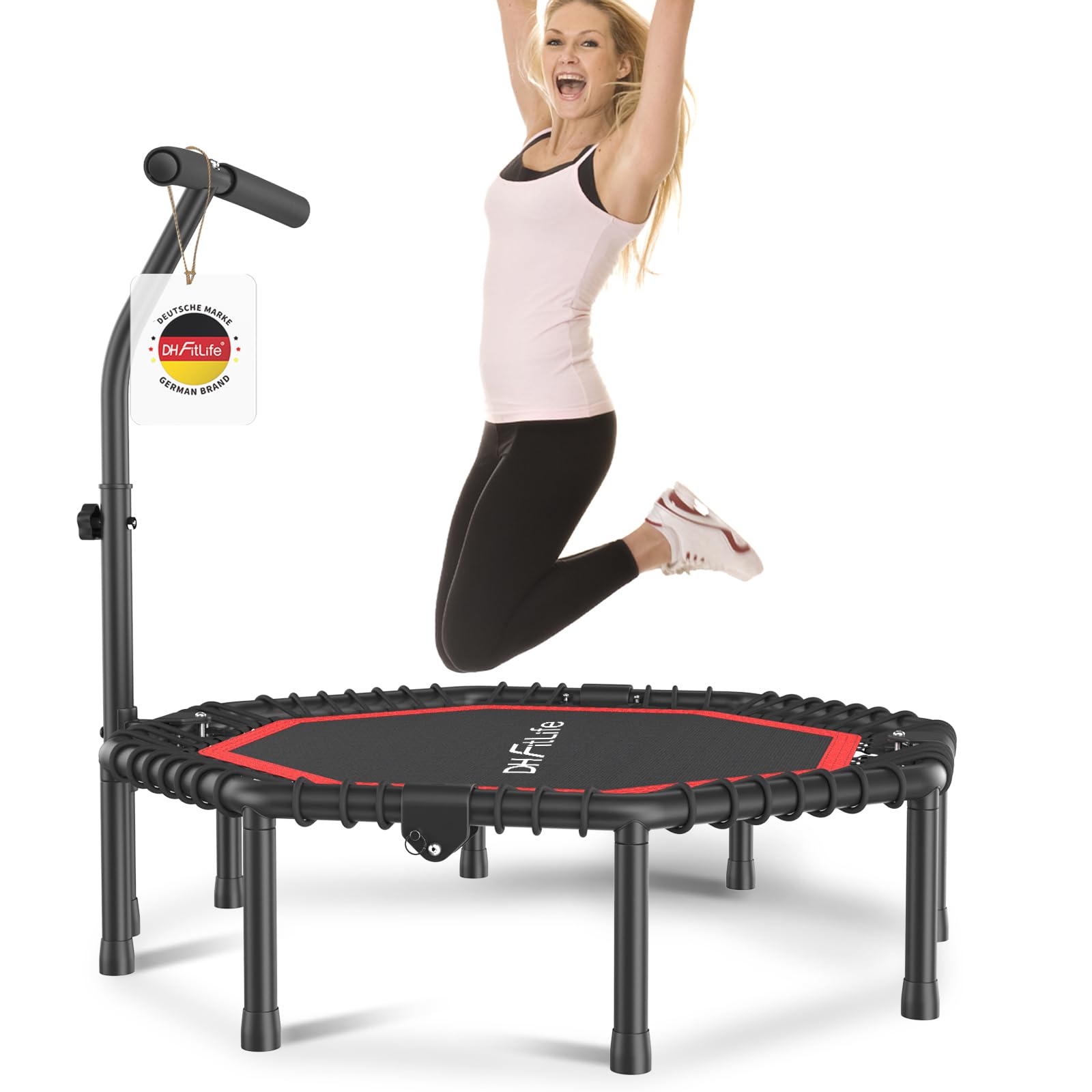 DH FitLife Trampolino Fitness Pieghevole Ø 115/128 cm | Silenzioso con Sospensione in Gomma | Senza Installazione | Maniglia Regolabile a 3 Livelli | Per Interni ed Esterni
