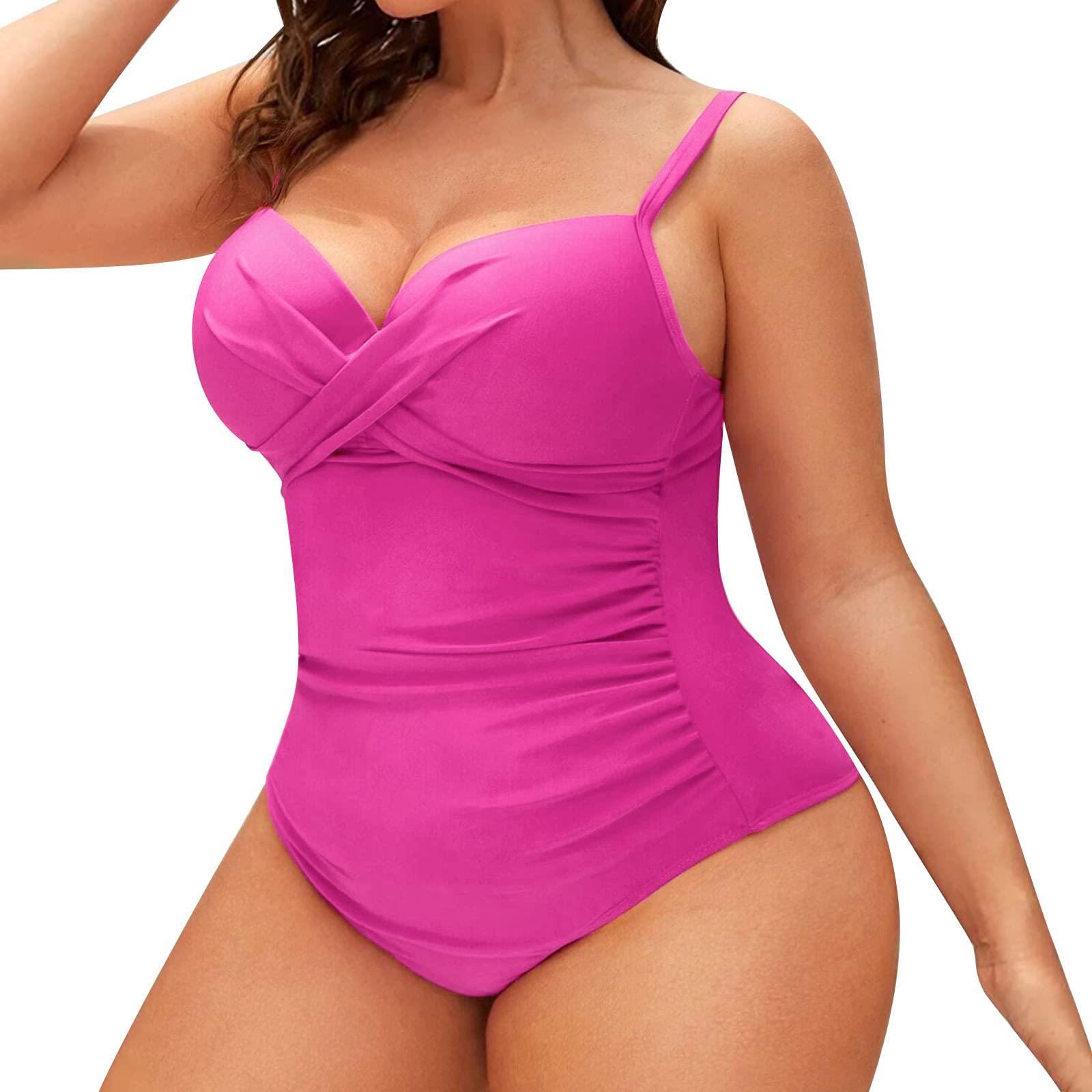 Générique 2024 New - Bikini de color sólido para mujer, talla grande, detalle fruncido, gorras acolchadas extraíbles con armaduras, camiseta larga danza