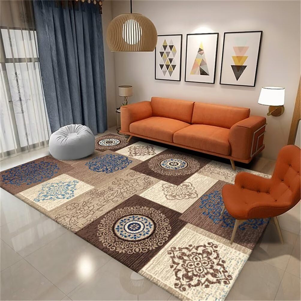 Tapis de chambre enfant lavable et design floral bleu marron 140x200 cm