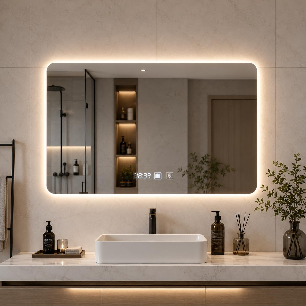 Viugreum Specchio da bagno a LED con illuminazione, 80 x 60 cm, anti-appannamento, specchio da parete, specchio da bagno, 3 colori di luce, specchio regolabile con illuminazione, interruttore touch