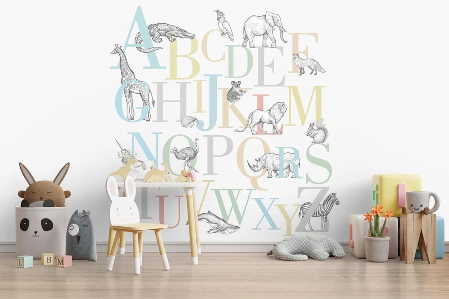 Colorful Alphabet Letter Hand Drawing Animals Peel and Stick Wallpaper Kids Room Nursey Wall Removable 100''H x 150''W