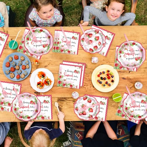 Image of Qyeahkj 100 Pcs Strawberry Baby Shower Party Plates Napkins Forks Supplies Set Sweet Berry Tableware Party Supplies A Berry Sweet Baby Is On The Way Strawberry Dinnerware Decorations Favors Serve 25