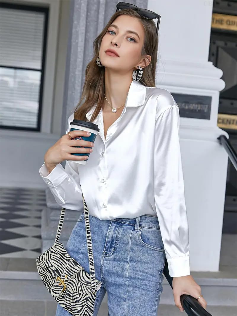 CB-COLEBROOK Blusa de satén de seda para mujer, camisas elegantes con botones y camisas sueltas de manga larga sueltas, túnica de trabajo de oficina - Tops occid
