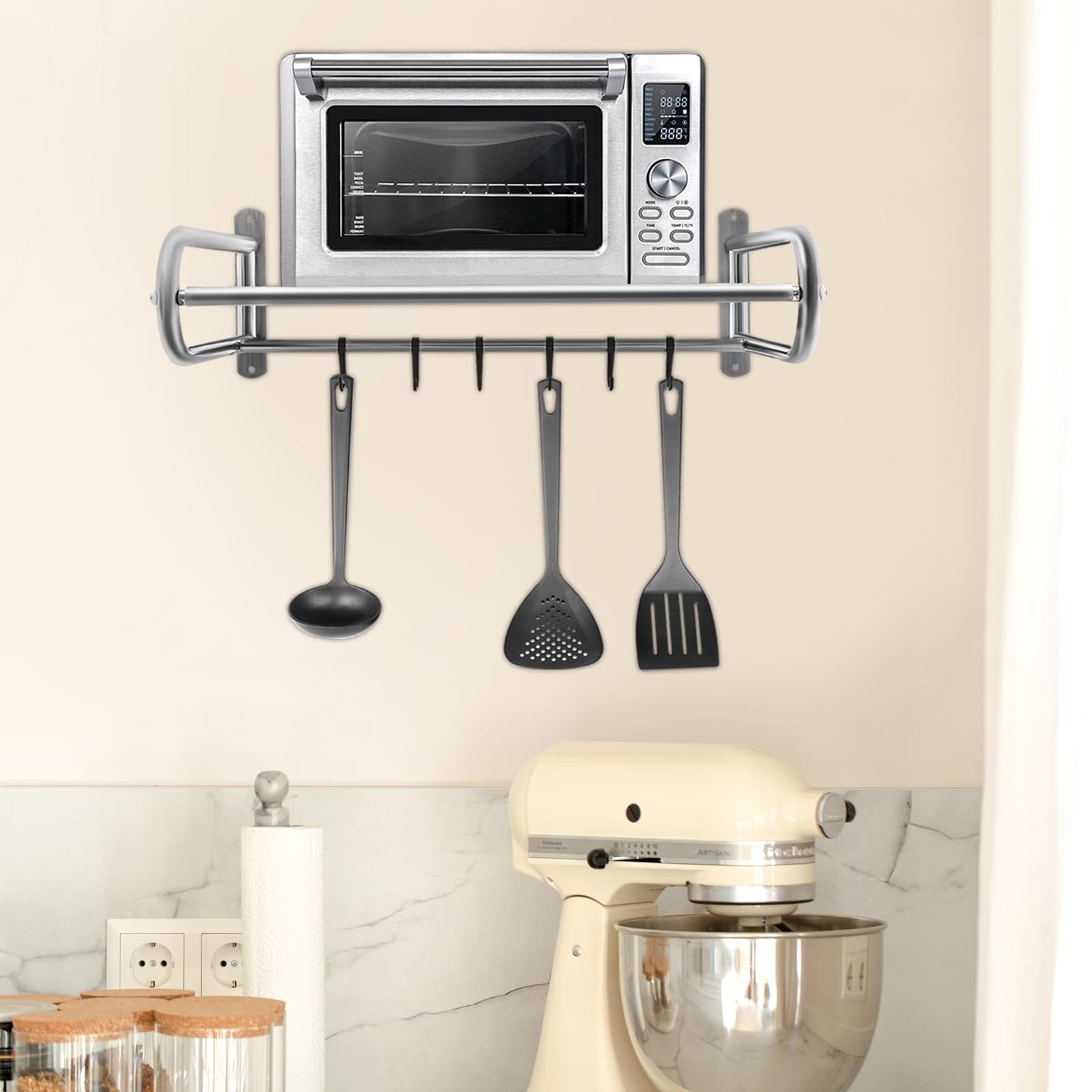 Soporte de pared de metal para microondas, soporta hasta 30 kg, estante de pared universal para cocina, soporte de microondas estable con kit de fijación
