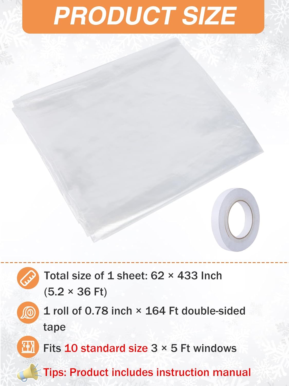 Window Insulation Kit for Winter- 62 × 433 Inch Indoor 10-Window Plastic for Winterizing, Thicken Translucent Window Covering Shrink Film with Double-Side Tape to Keep Cold Out - 