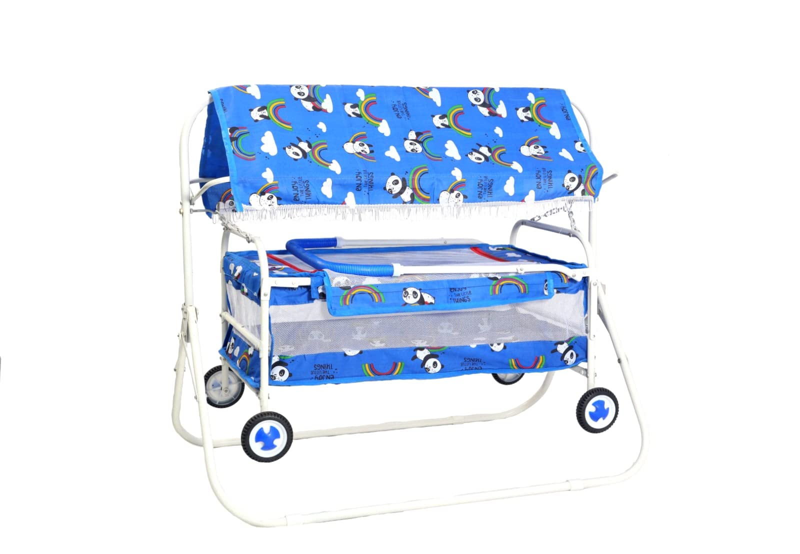 BABYBLESSING Baby Cradle 4 Wheel (Hood) | Colour - Blue, Iron
