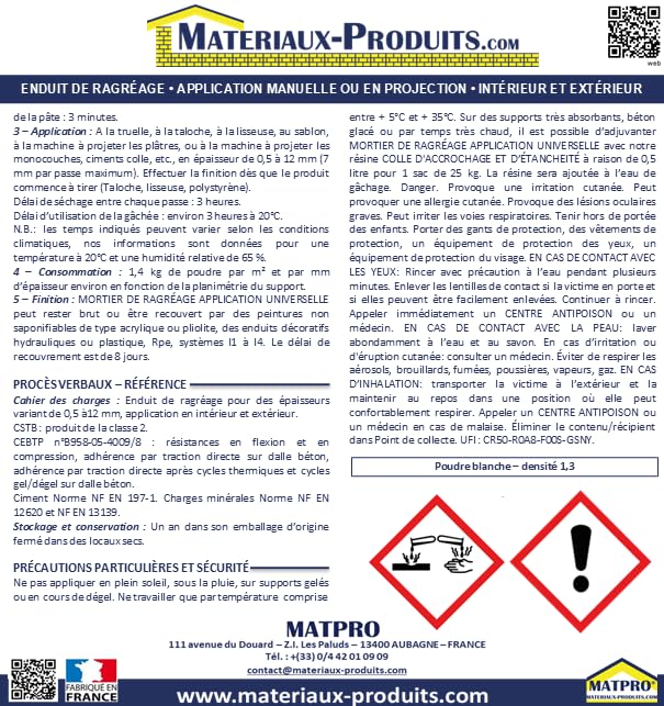 MATPRO - Mortier de Ragréage Application Universelle - Ragréage Mural et Plafond - Intérieur/Extérieur - Épaisseur 0,5 à 12 mm - Finition Lisse - Blanc - 25Kg