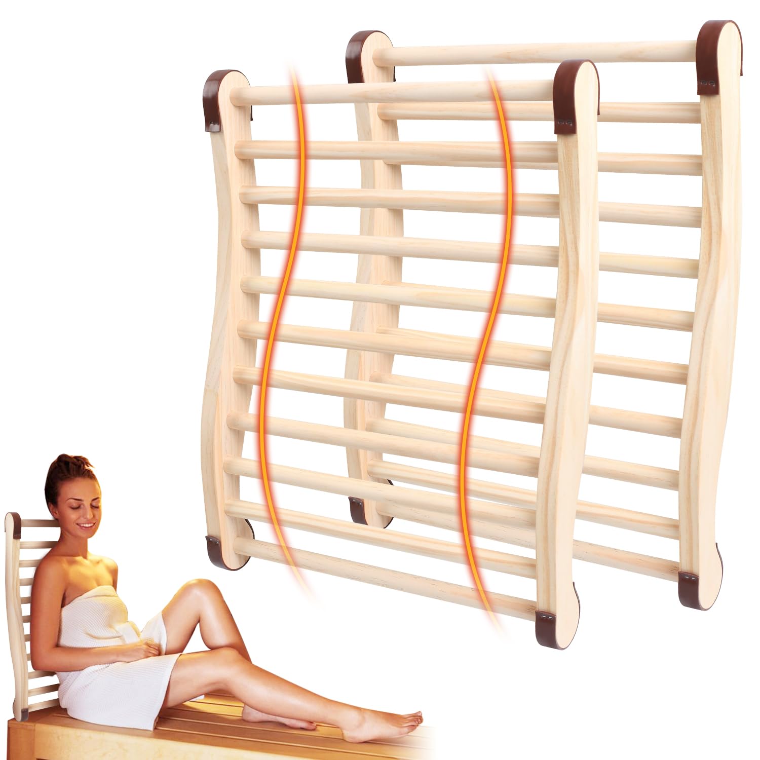 2 Stück Sauna Rückenlehne aus 100% Naturholz, Ergonomische Rückenstütze Rückenlehne mit Rutschfeste Polster, Holz Sauna Zubehör Infrarotkabine