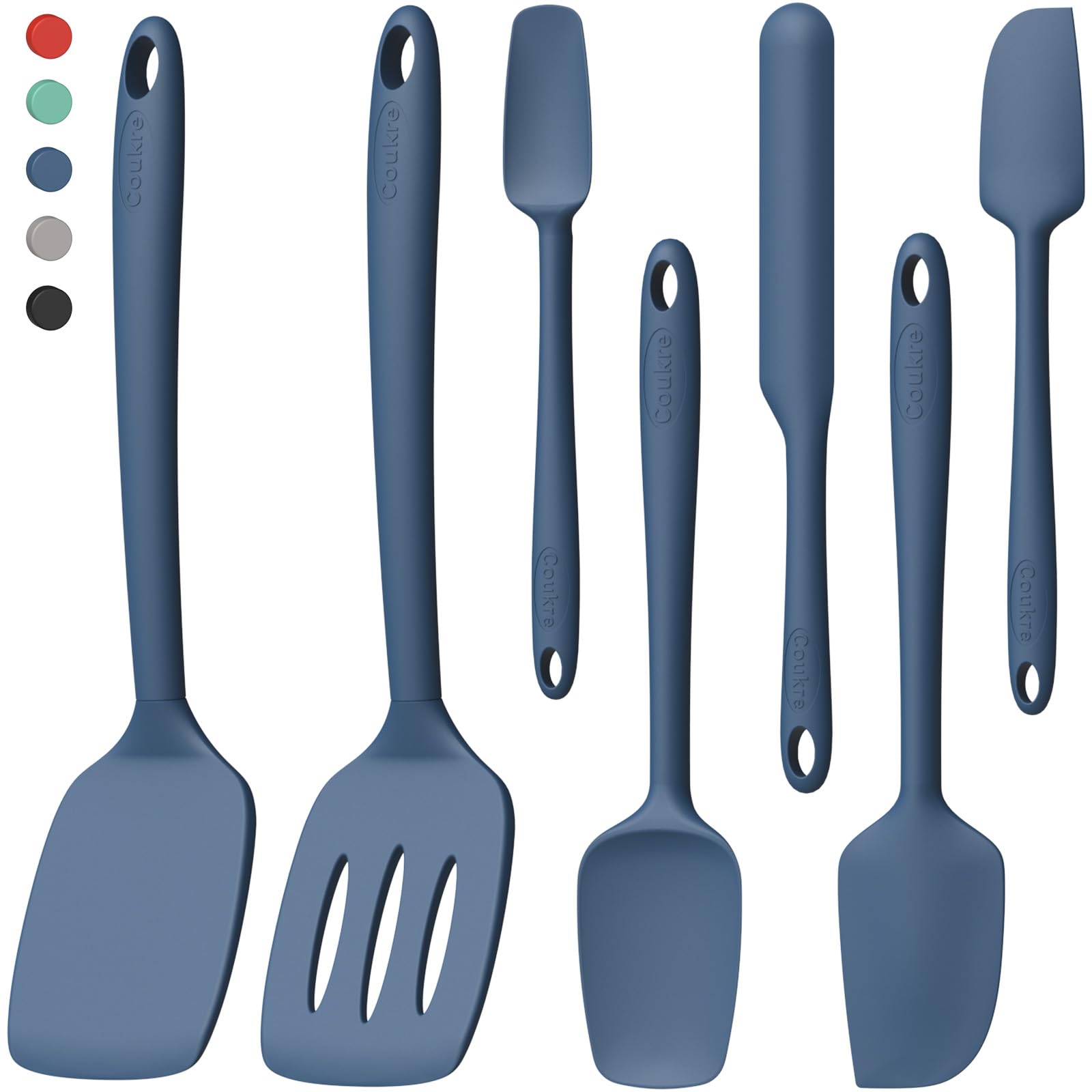 Coukre Silicone Spatula Set of 7, BPA Free Food Grade Silicone Cooking Utensils, Heat Resistant Kitchen Tools for Nonstick Cookware, Dishwasher Safe Spatulas for Cooking and Baking（7,PureDarkBlue）