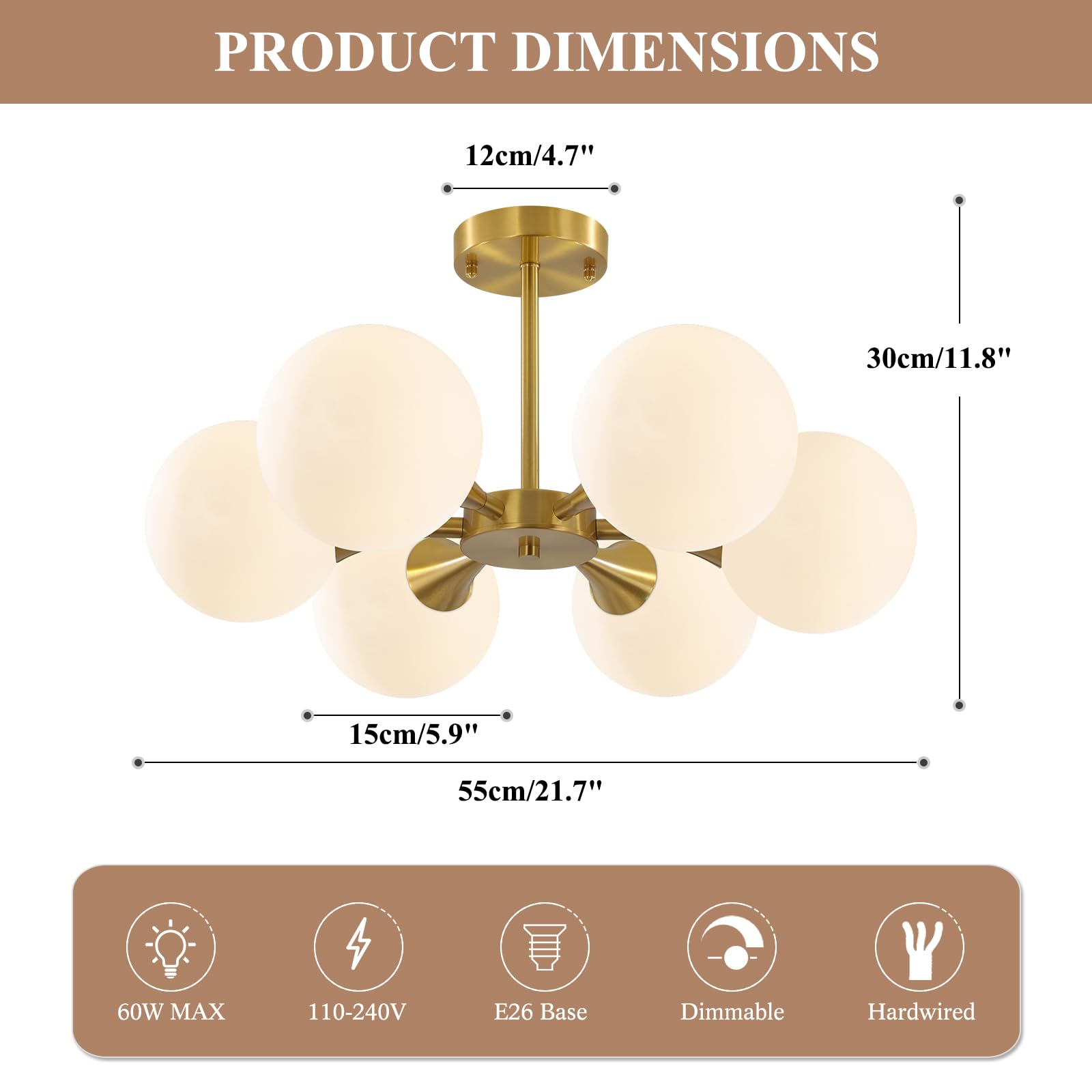 KCO Illuminazione Oro Spazzolato Sputnik Flush Mount Plafoniera Lampada Vetro Latte 6 Luci Semi Flush